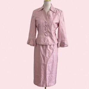 Vintage Jessica Howard Pink Silk Rosette Skirt Suit Set — Size 6